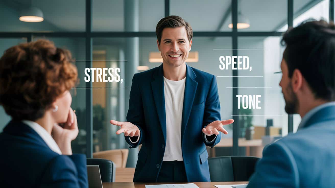 ESL speaker improving English word stress and professional communication to sound clear and polite